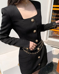Black Square Neck Long Sleeve Dress With Gold Buttons