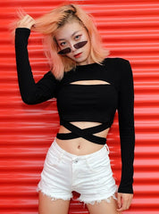 Black Long Sleeve Criss Cross Crop Top
