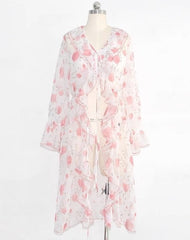 White Floral See-Through Long Cardigan
