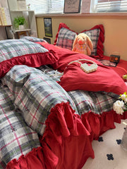 Coquette Red Plaid Ruffle Bedding Set