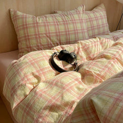 Pink Plaid Cotton Duvet Cover Set
