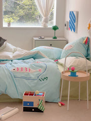 Blue Cartoon Fish Embroidered Bedding Set