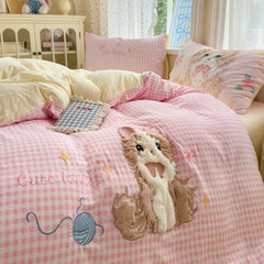 Cute Kitty Pink Gingham Bedding Set