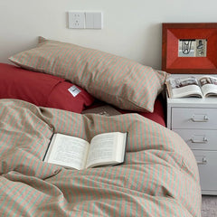 Red & Beige Striped Cotton Bedding Set