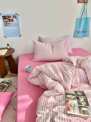 Preppy Aesthetic Pink Striped Duvet Cover Set