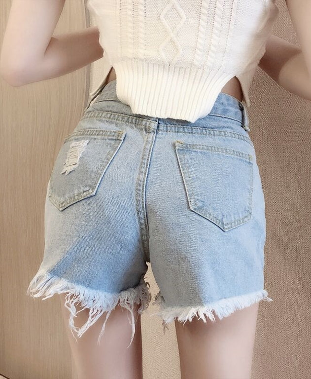 Blue Distressed Denim Button-Down Shorts