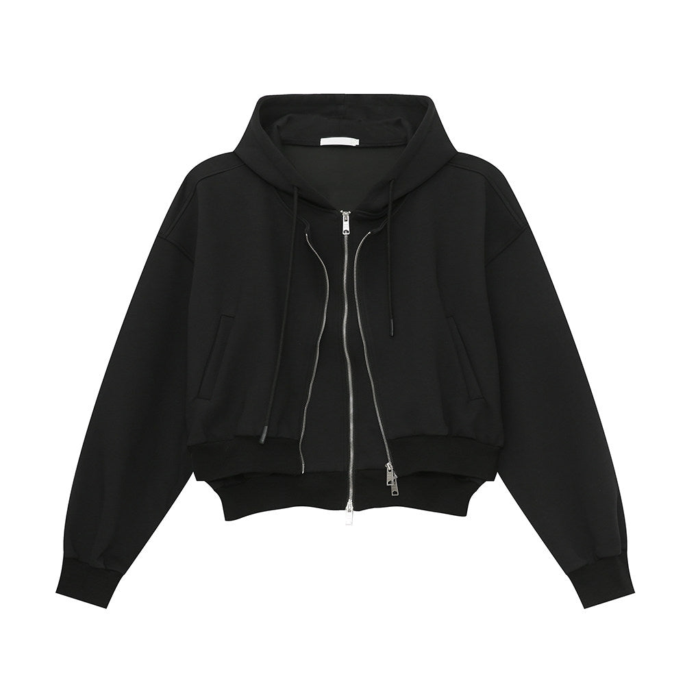 American Style Layered Hooded Double Zip Cropped Jacket