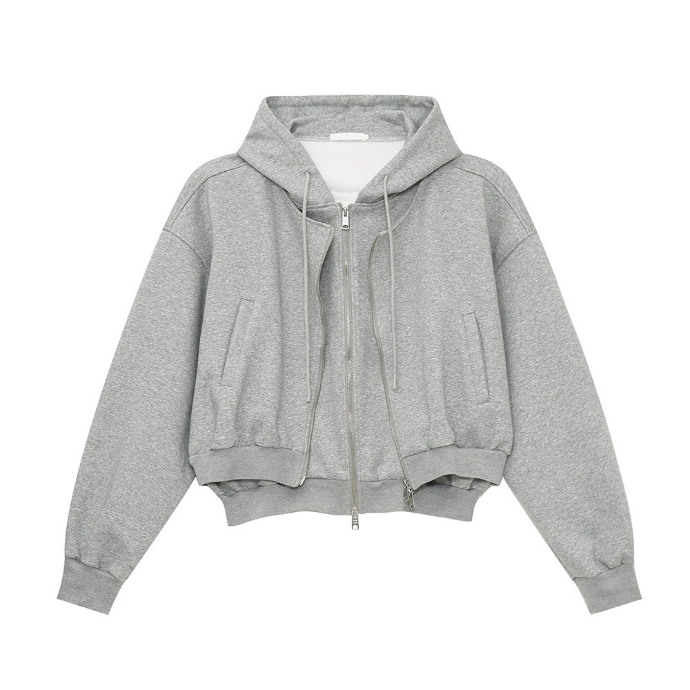 American Style Layered Hooded Double Zip Cropped Jacket