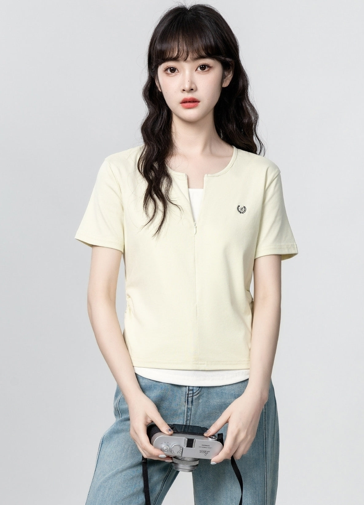 American Style Layered Look Short Sleeve Half Zip Top