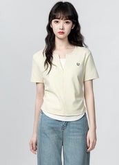 American Style Layered Look Short Sleeve Half Zip Top