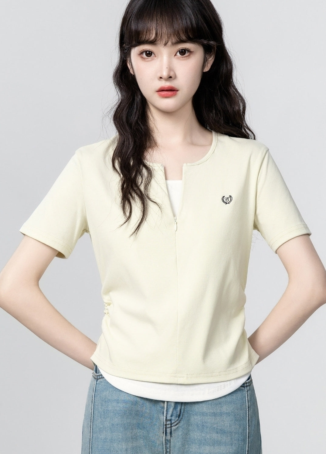American Style Layered Look Short Sleeve Half Zip Top