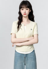 American Style Layered Look Short Sleeve Half Zip Top