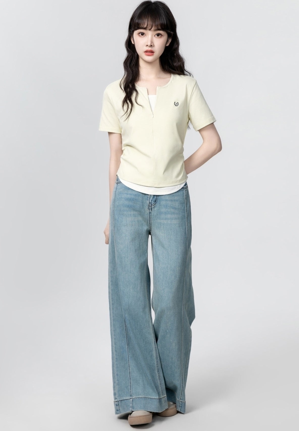 American Style Layered Look Short Sleeve Half Zip Top