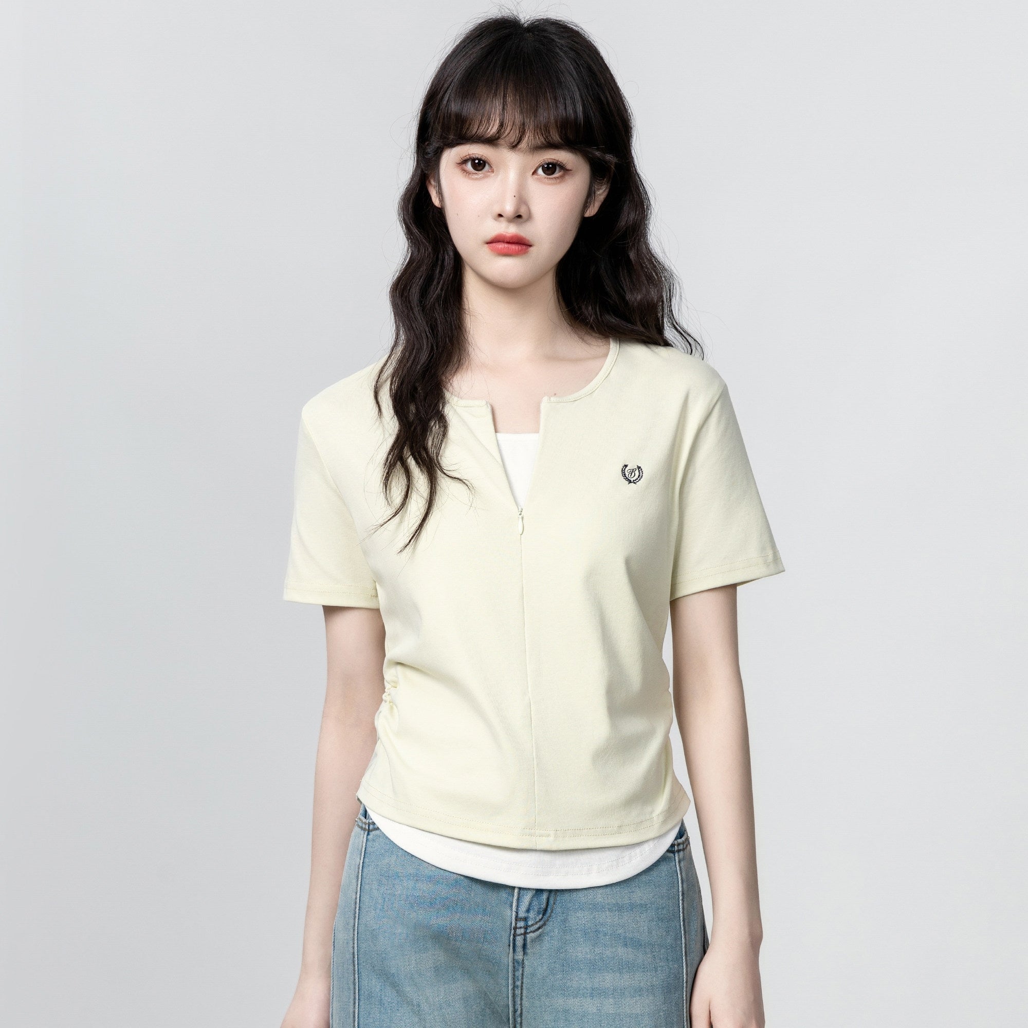 American Style Layered Look Short Sleeve Half Zip Top