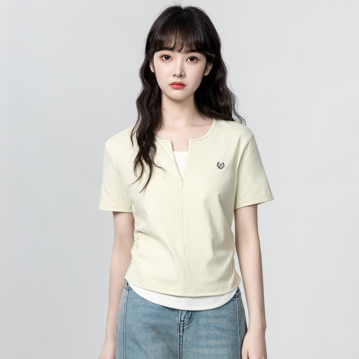 American Style Layered Look Short Sleeve Half Zip Top