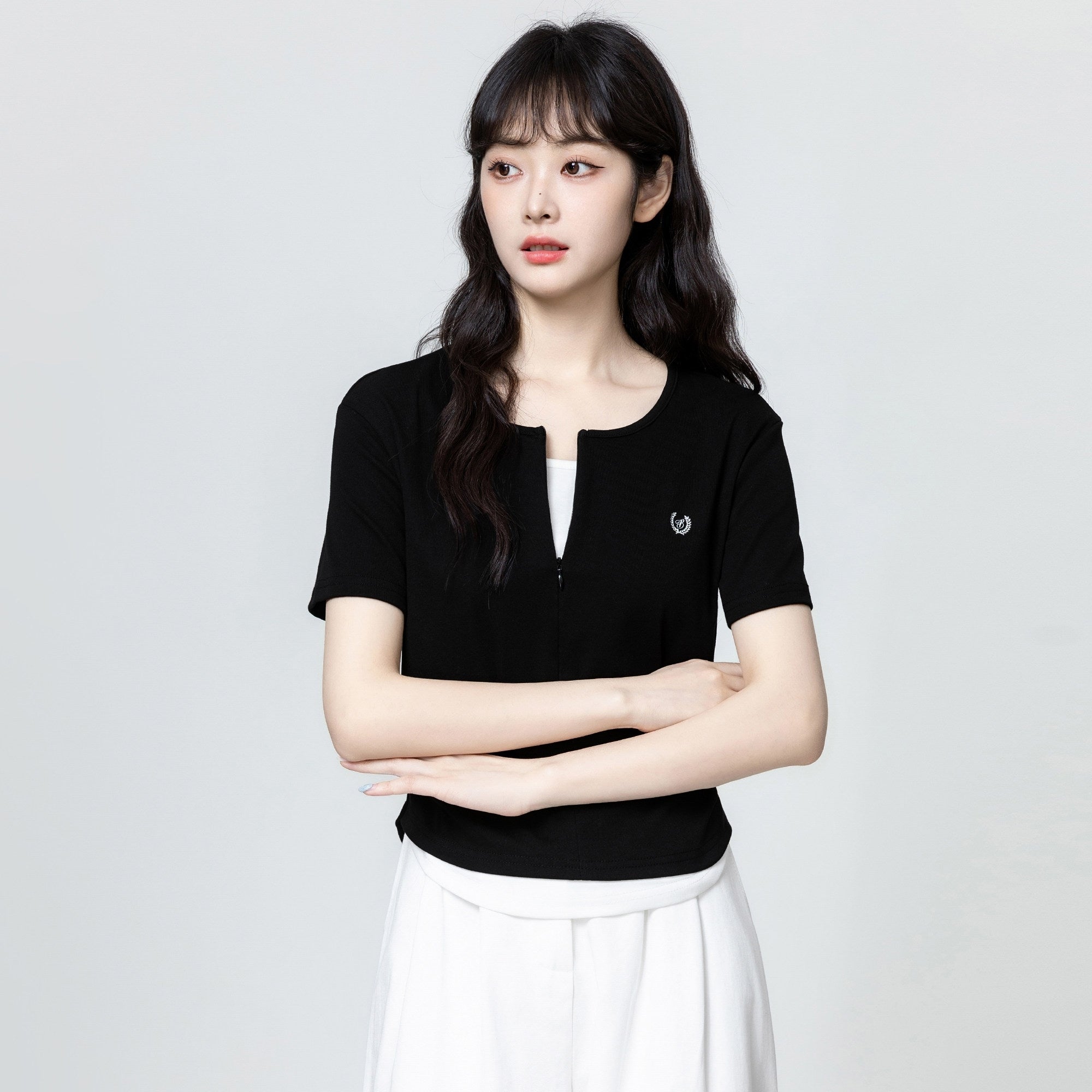 American Style Layered Look Short Sleeve Half Zip Top