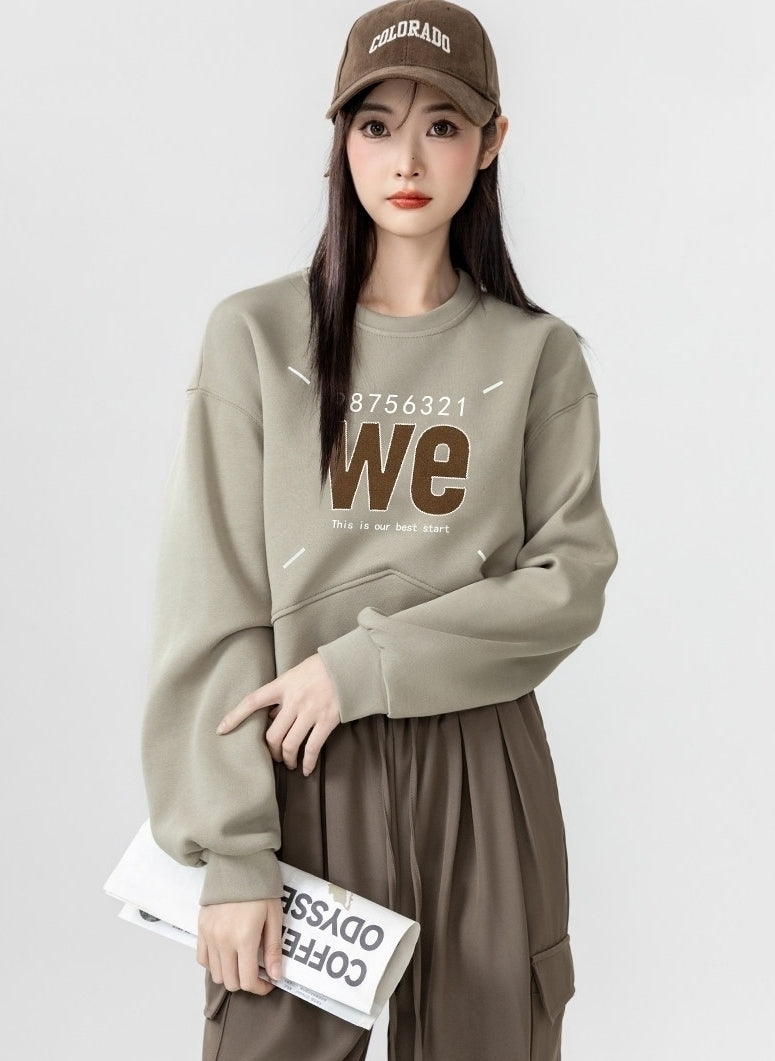 American Style Letter Print Cropped Crewneck Sweatshirt