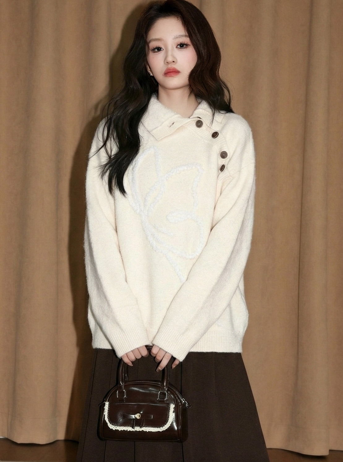 Apricot Collared Slouchy Sweater Pullover Top