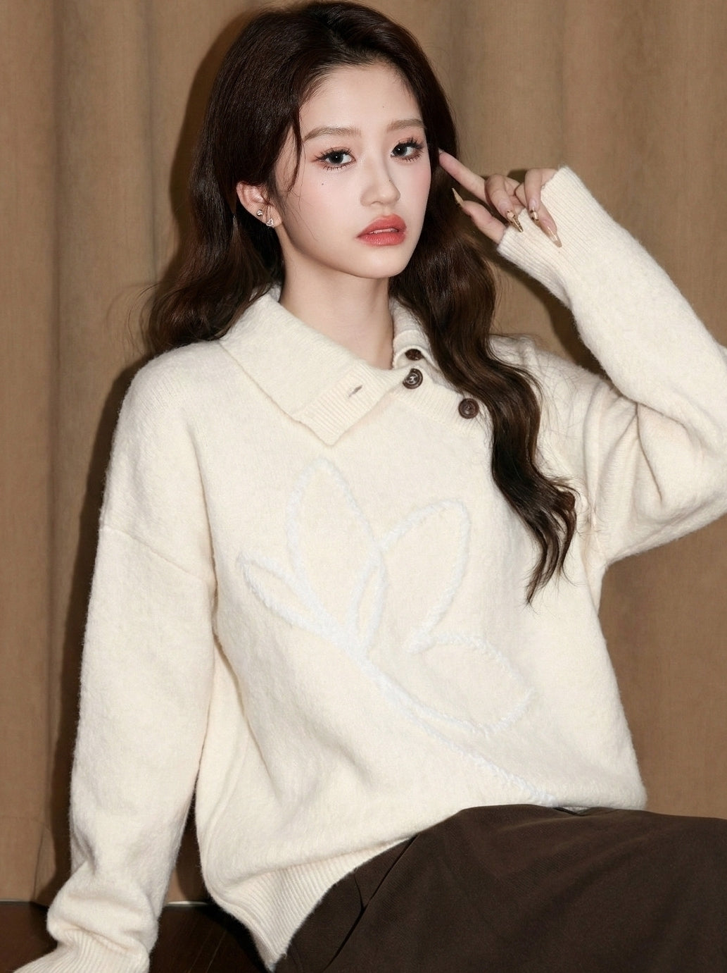 Apricot Collared Slouchy Sweater Pullover Top
