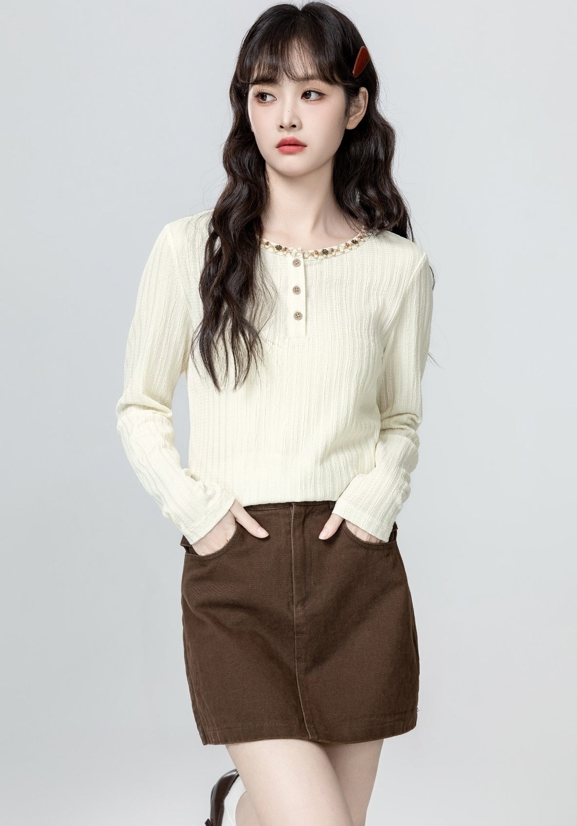 Apricot Crewneck Long Sleeve Layering Base Top
