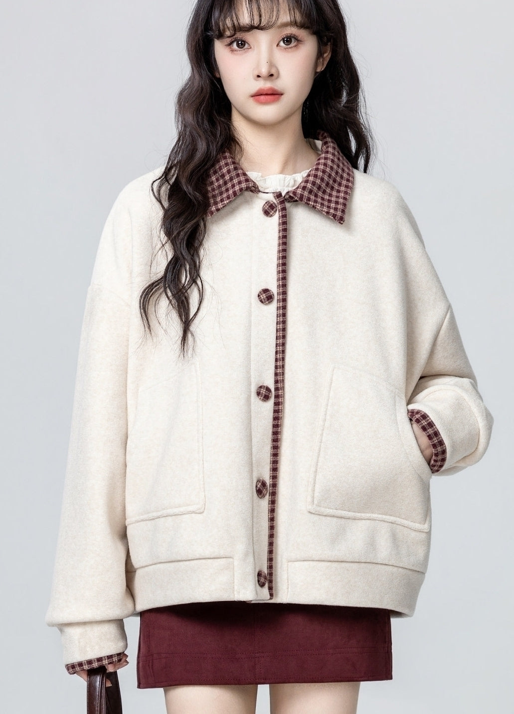 Apricot Layered Plaid Patchwork Sweatshirt Jacket Cardigan