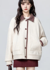 Apricot Layered Plaid Patchwork Sweatshirt Jacket Cardigan