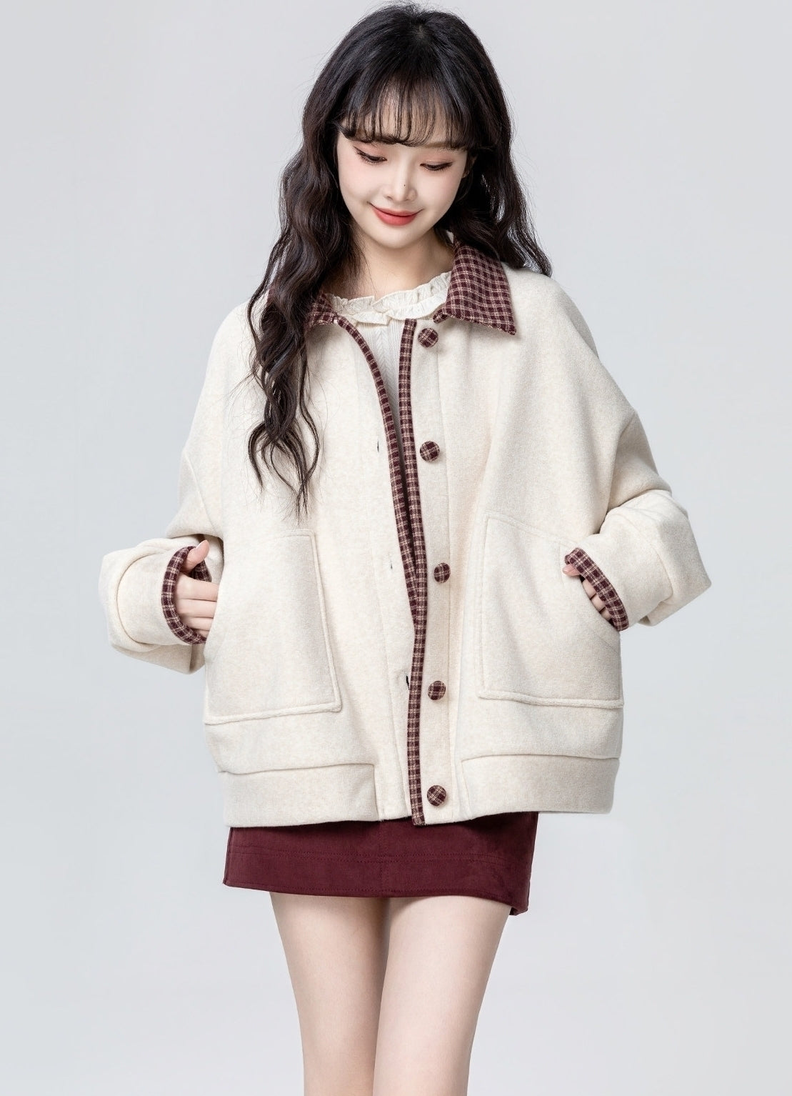 Apricot Layered Plaid Patchwork Sweatshirt Jacket Cardigan