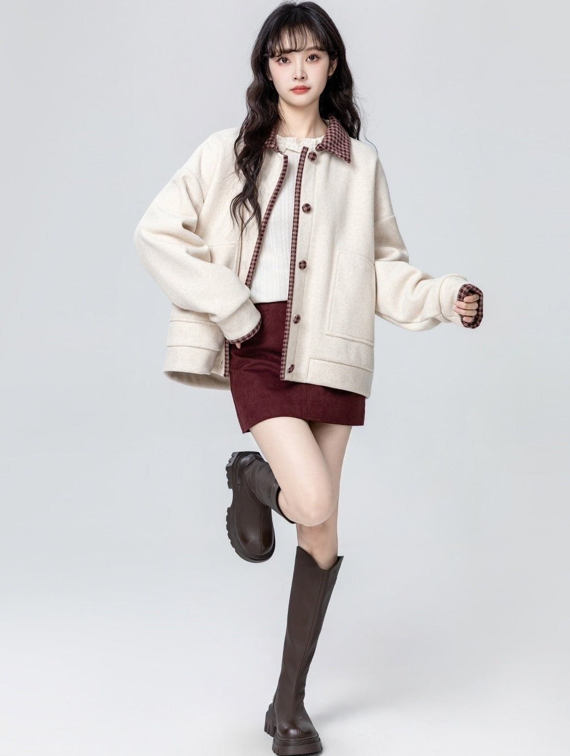 Apricot Layered Plaid Patchwork Sweatshirt Jacket Cardigan