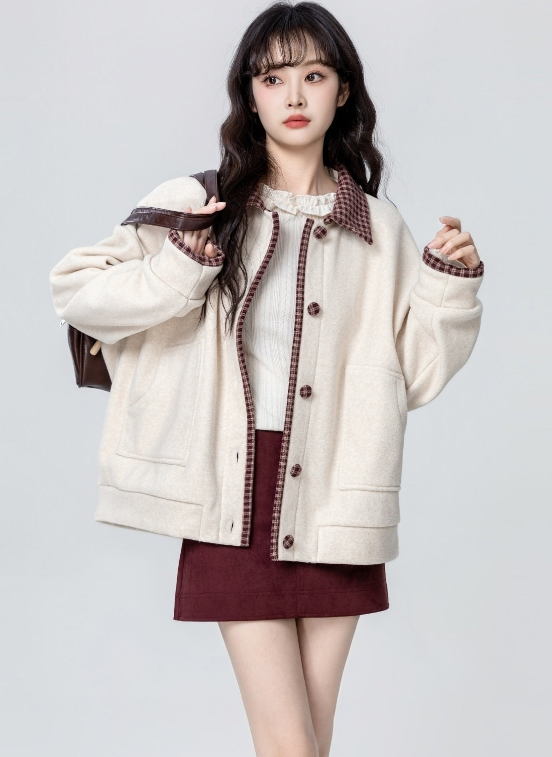 Apricot Layered Plaid Patchwork Sweatshirt Jacket Cardigan