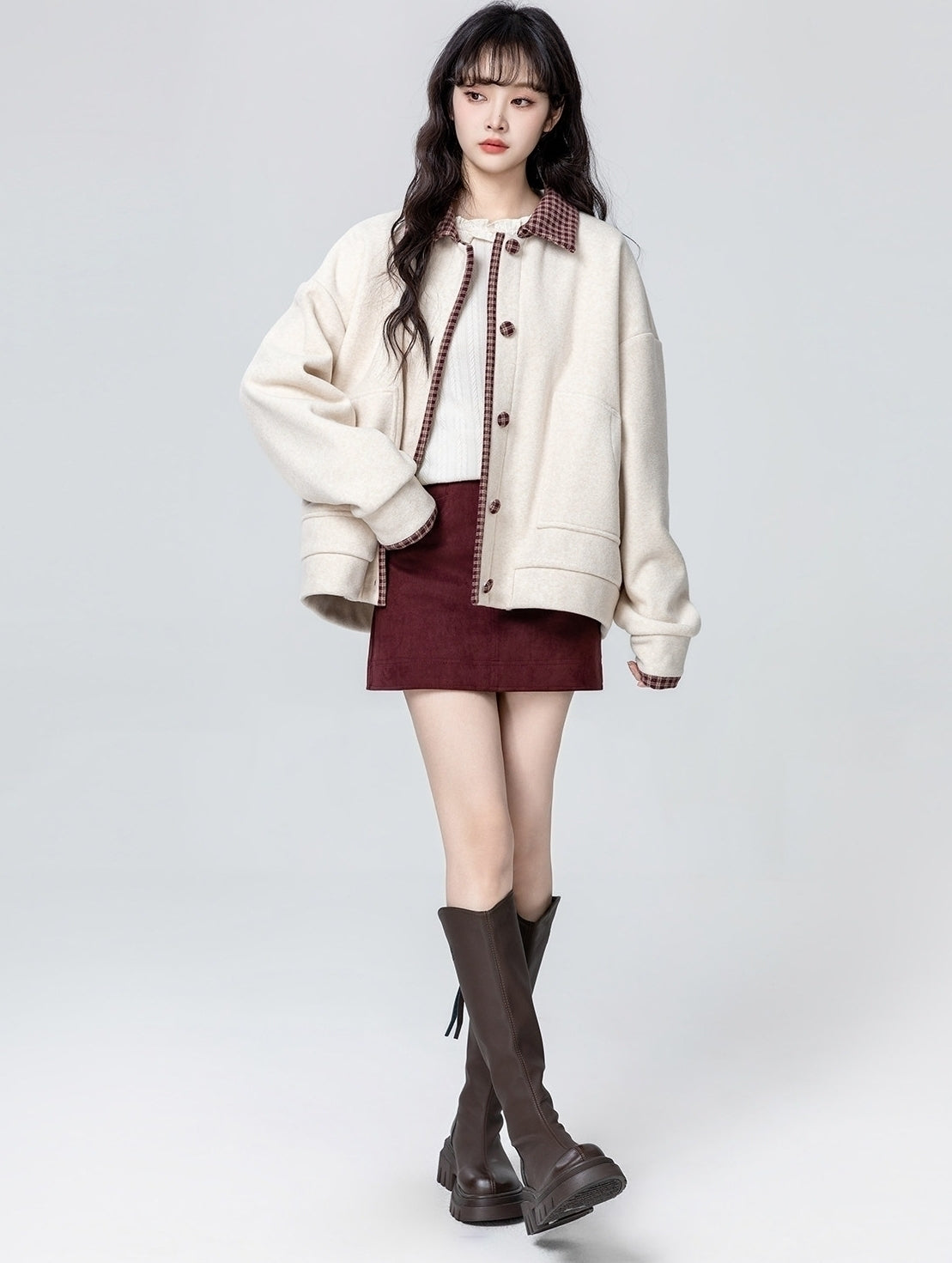 Apricot Layered Plaid Patchwork Sweatshirt Jacket Cardigan