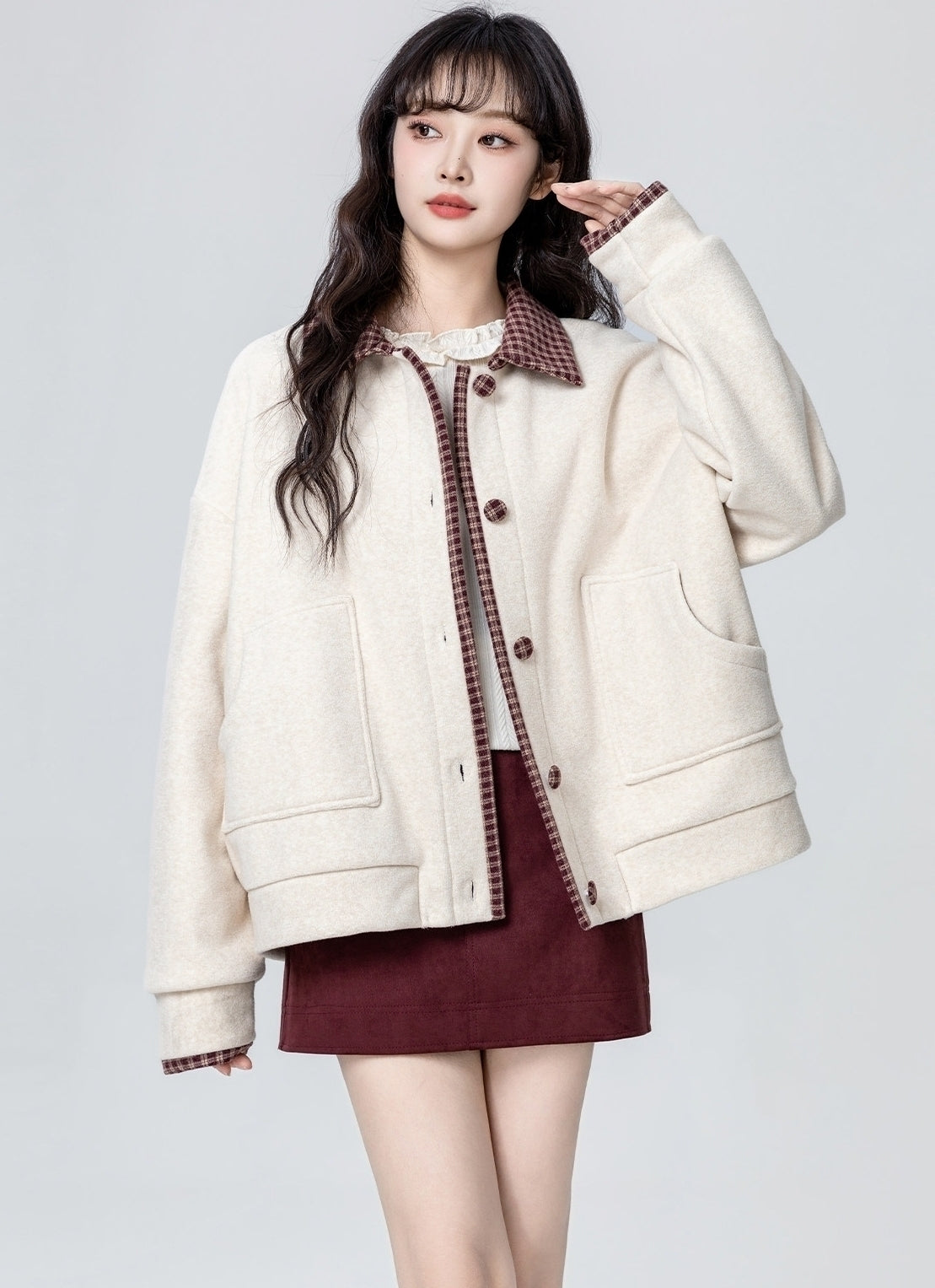Apricot Layered Plaid Patchwork Sweatshirt Jacket Cardigan