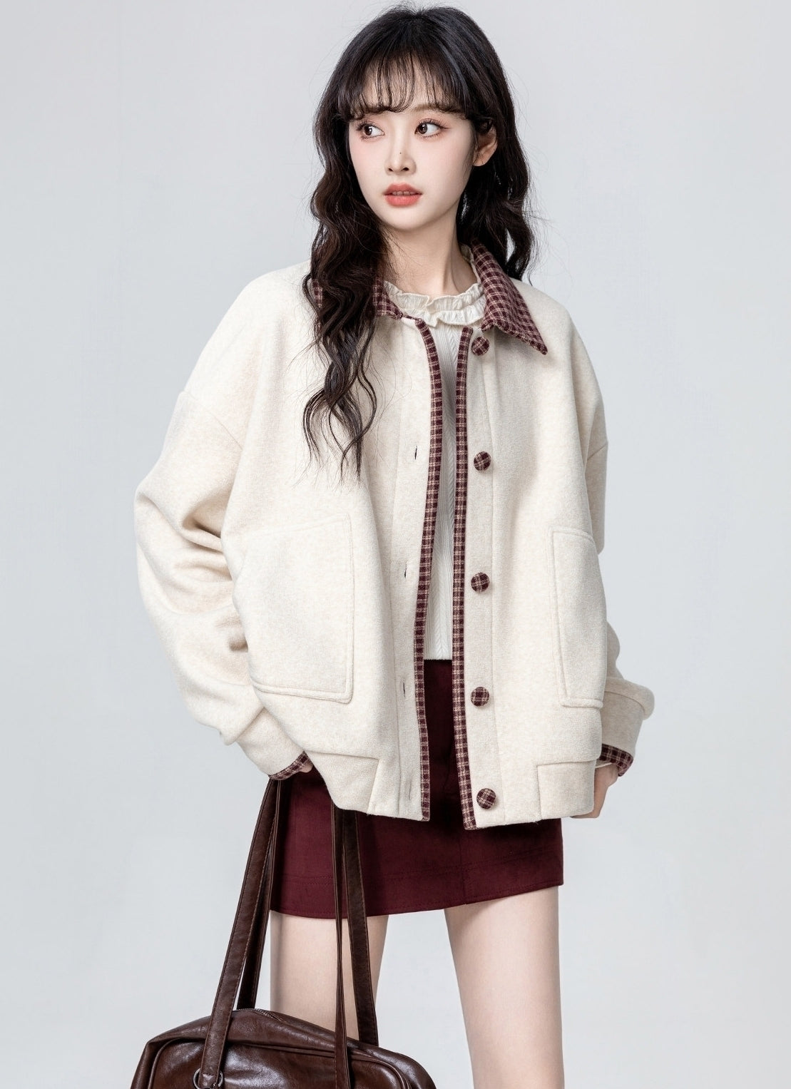Apricot Layered Plaid Patchwork Sweatshirt Jacket Cardigan