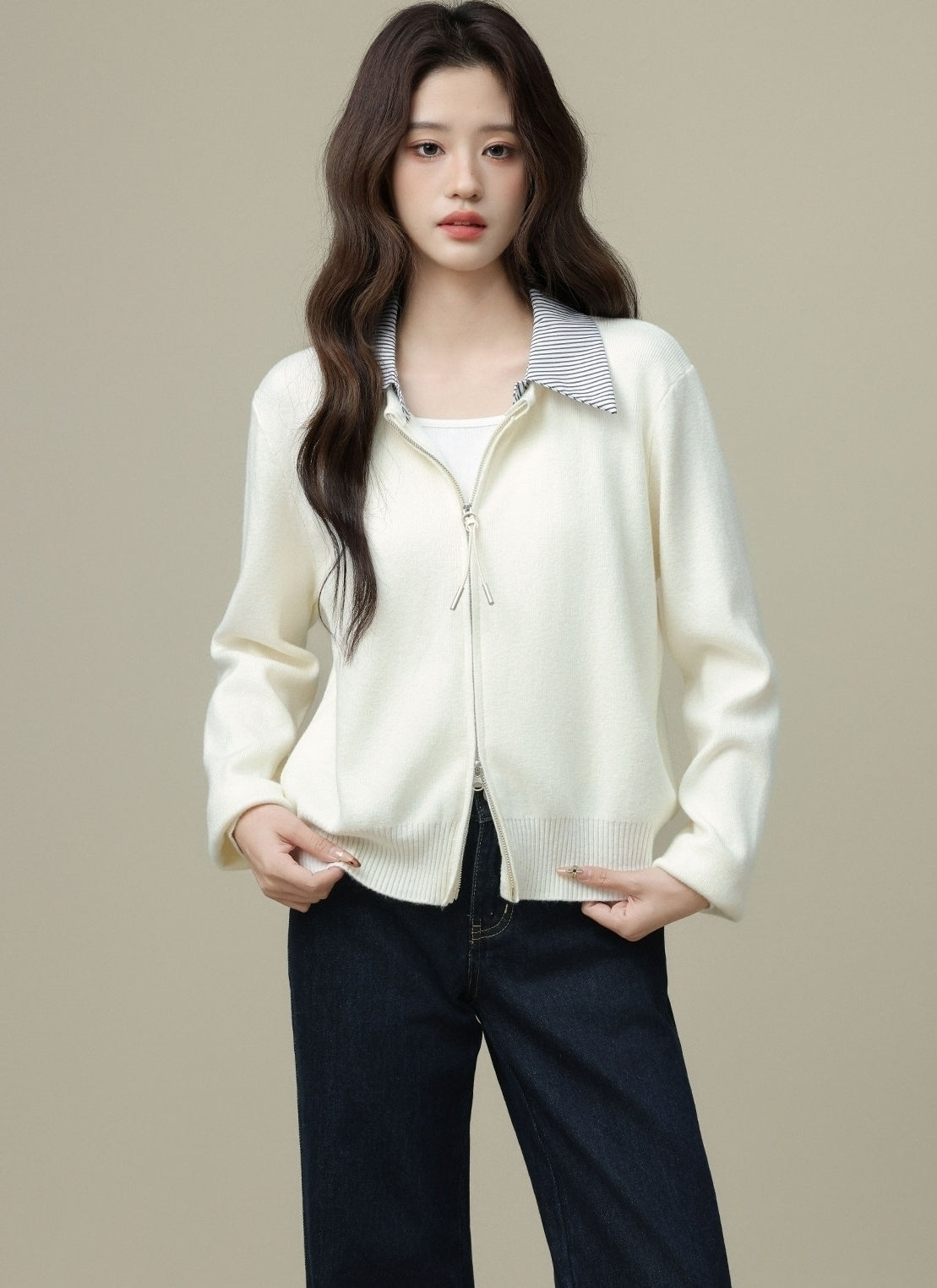 Apricot Two Layer Collar Zip Cardigan Jacket