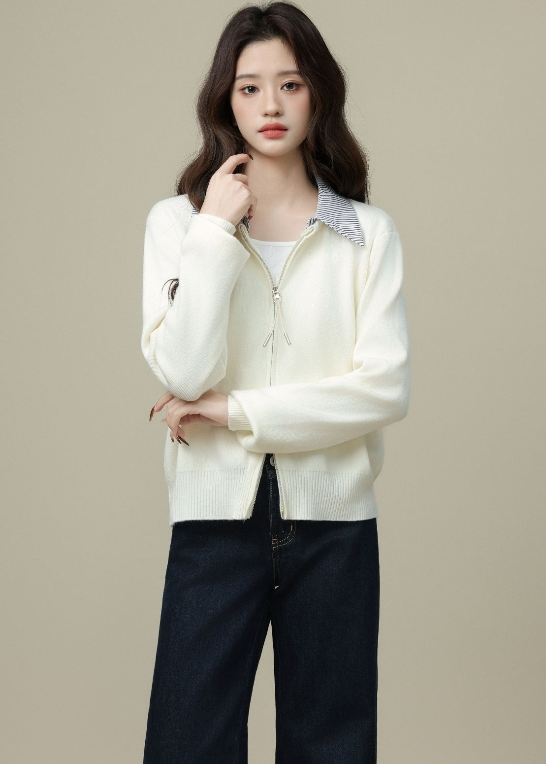 Apricot Two Layer Collar Zip Cardigan Jacket