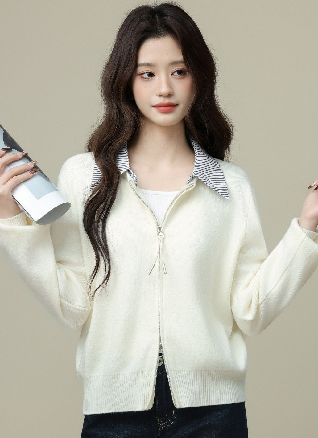 Apricot Two Layer Collar Zip Cardigan Jacket