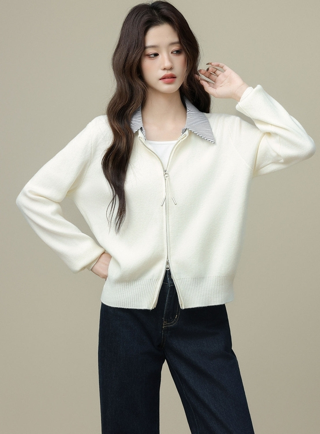Apricot Two Layer Collar Zip Cardigan Jacket