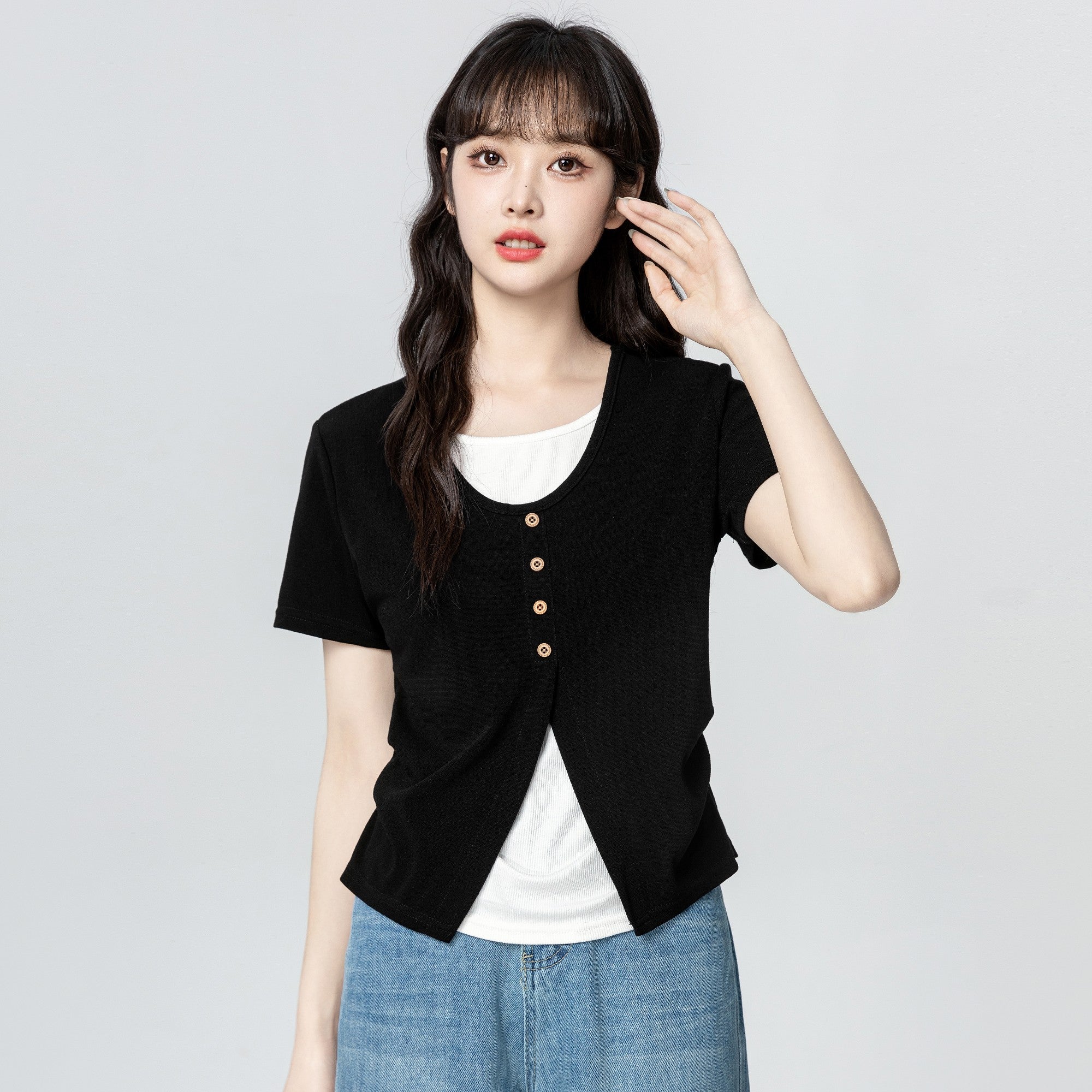 Asymmetrical Split Short Sleeve Black Top
