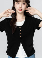 Asymmetrical Split Short Sleeve Black Top