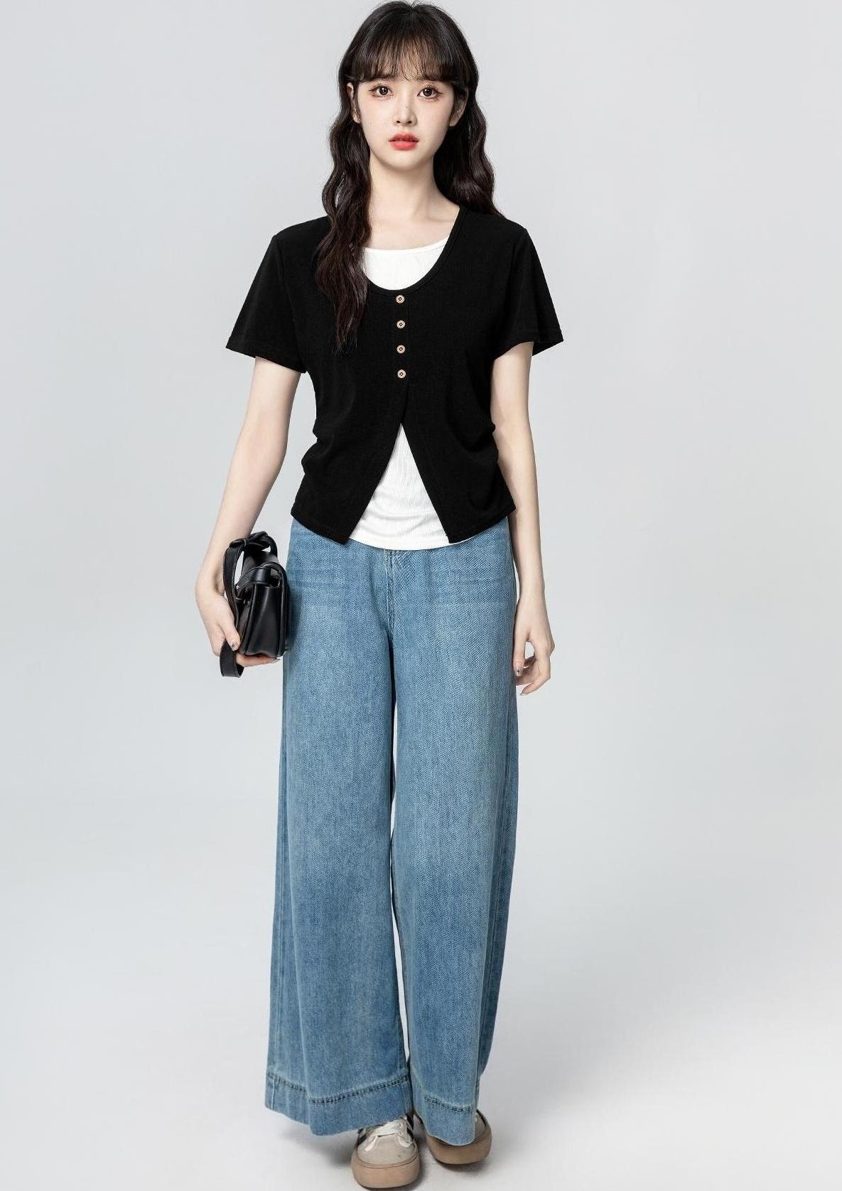 Asymmetrical Split Short Sleeve Black Top
