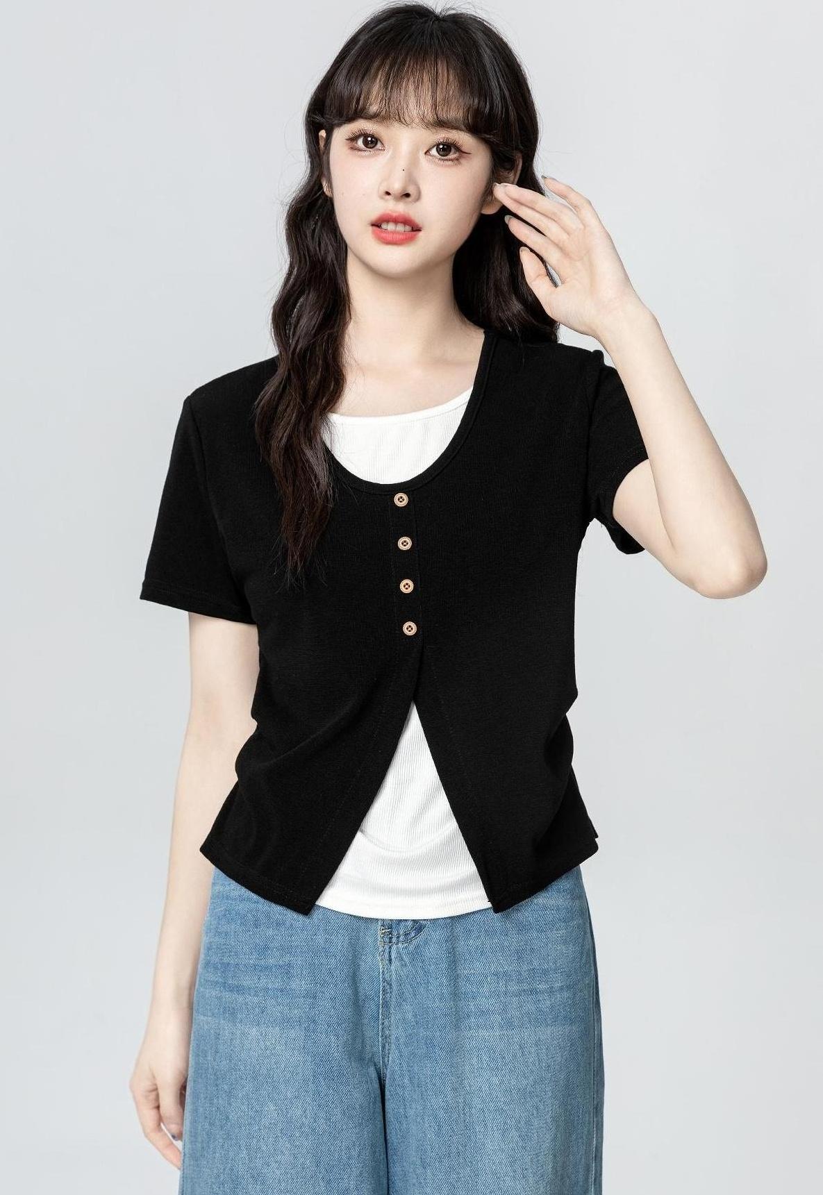 Asymmetrical Split Short Sleeve Black Top