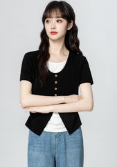 Asymmetrical Split Short Sleeve Black Top