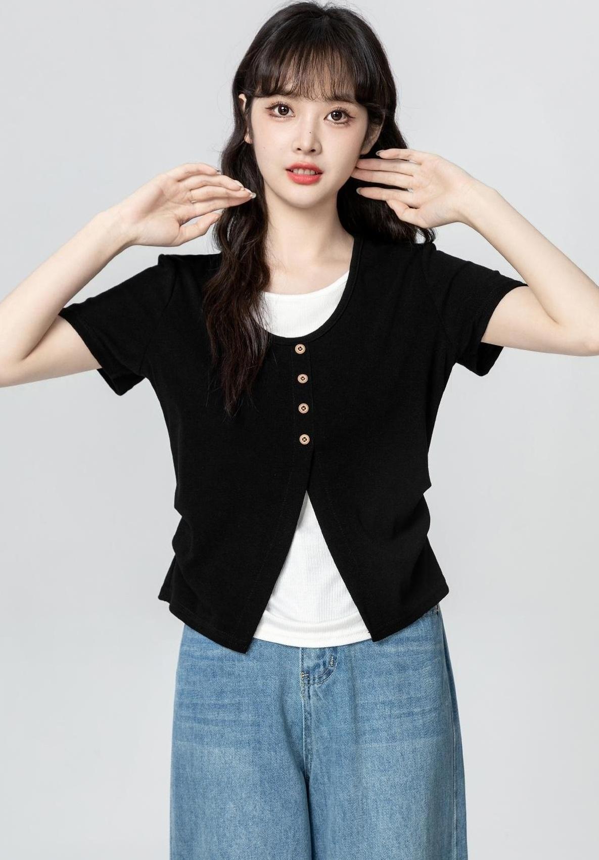 Asymmetrical Split Short Sleeve Black Top