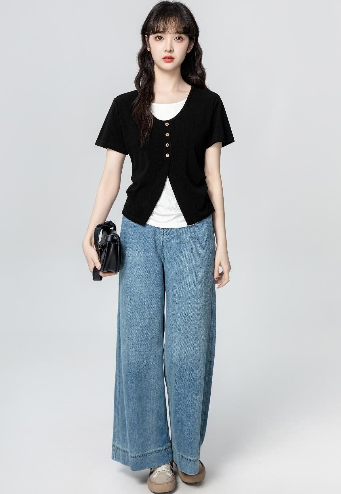 Asymmetrical Split Short Sleeve Black Top