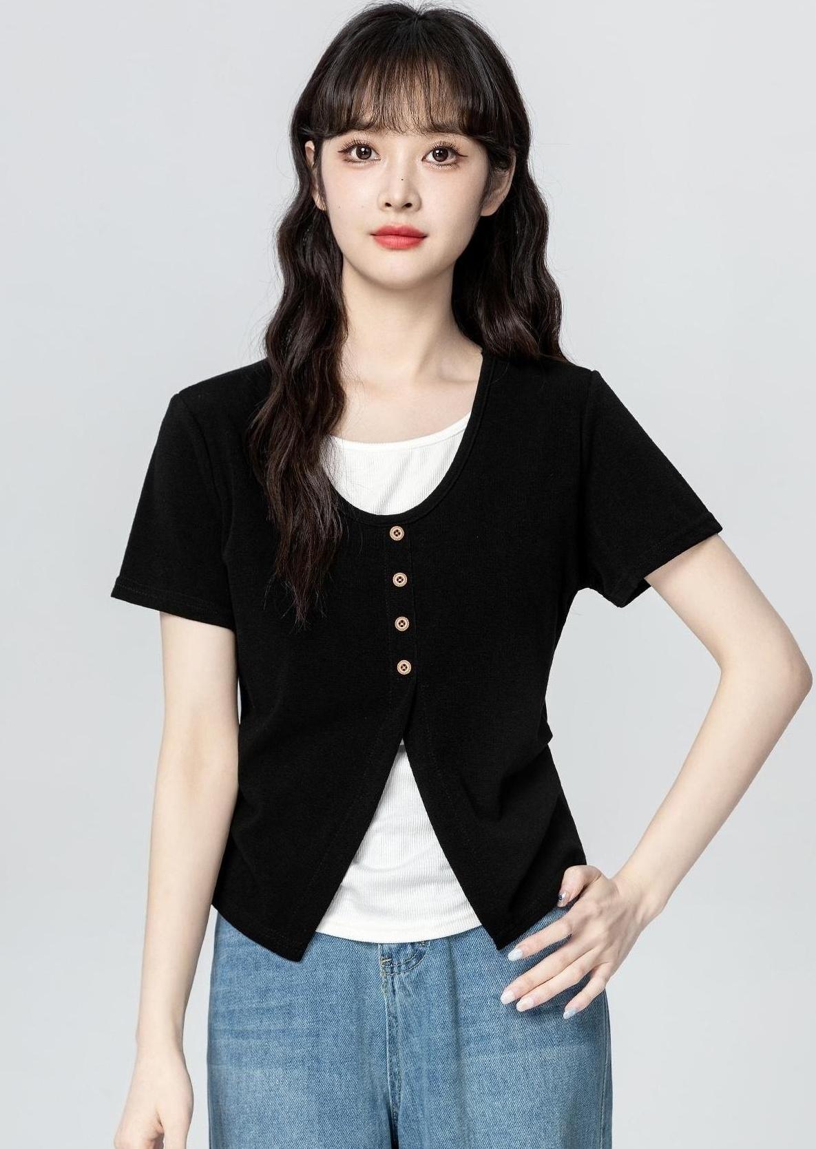 Asymmetrical Split Short Sleeve Black Top