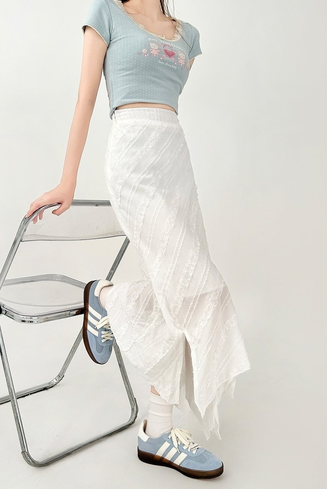 Asymmetrical White Flowy Mermaid Skirt Summer