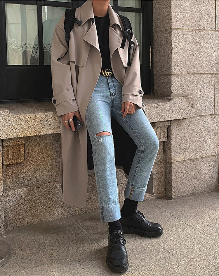 Autumn Korean Style Double Breasted Long Trench Coat