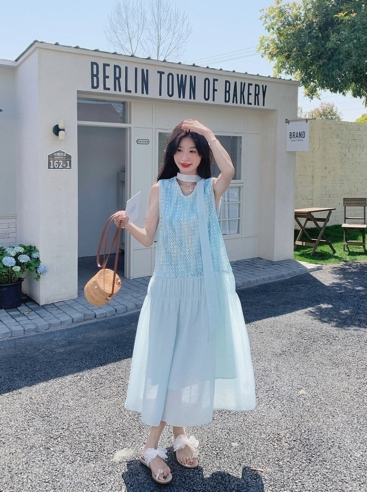 Beautiful Blue Sleeveless Vneck Maxi Dress