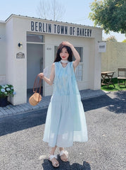 Beautiful Blue Sleeveless Vneck Maxi Dress