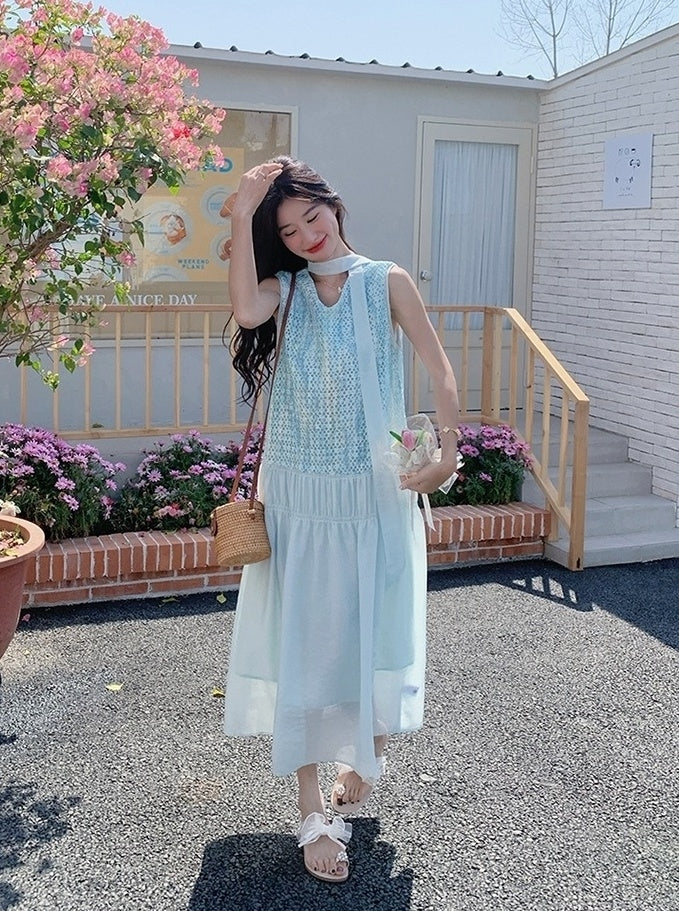 Beautiful Blue Sleeveless Vneck Maxi Dress