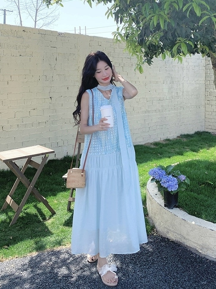 Beautiful Blue Sleeveless Vneck Maxi Dress
